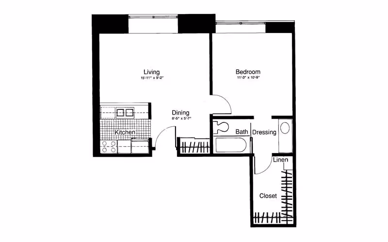 Black and white architectural floor plan of a one-bedroom apartment at North Oaks, a CCRC, showing labeled areas including living room, dining area, kitchen, bedroom, bathroom, dressing area, linen closet, and closet.