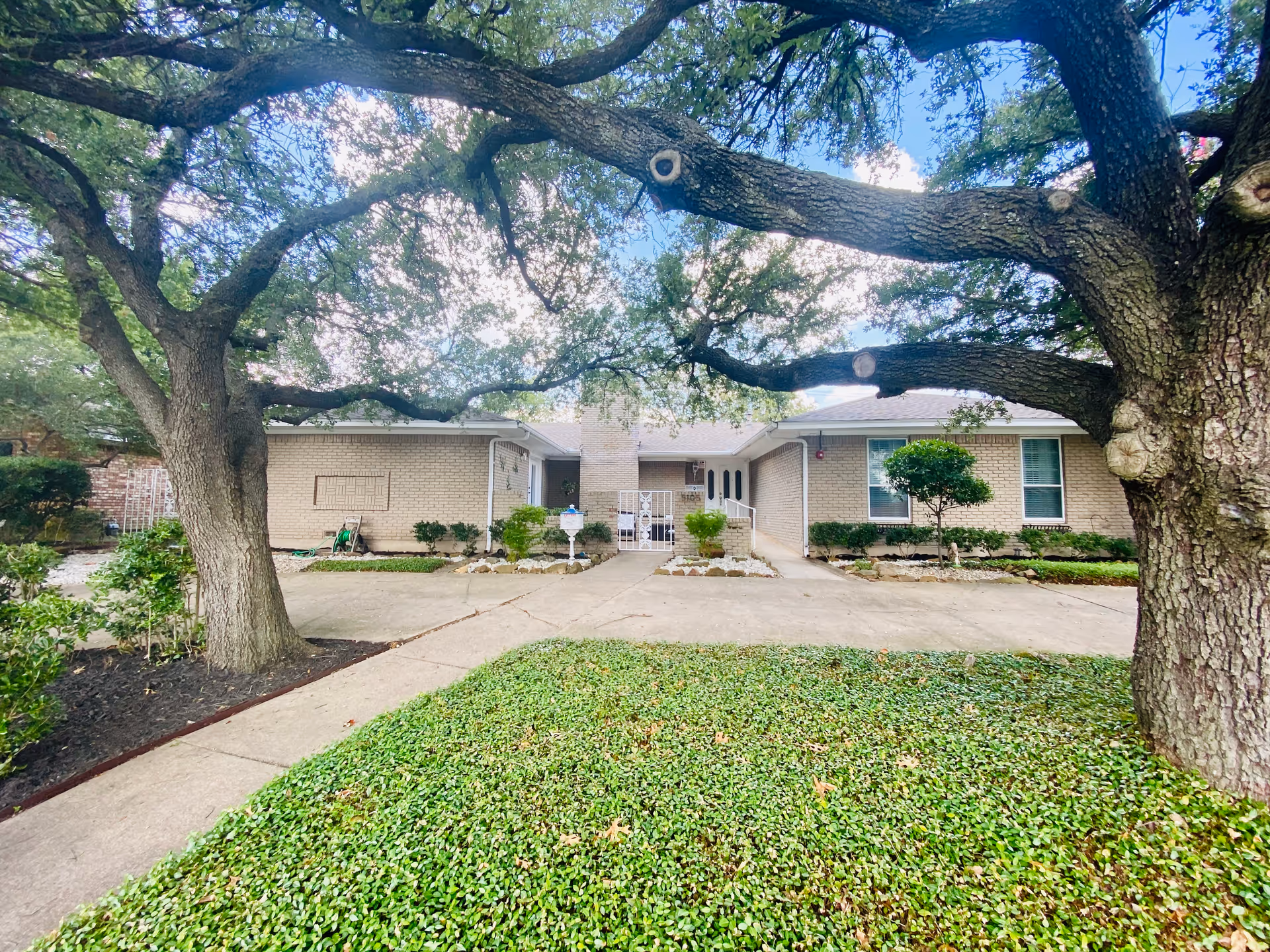 Front exterior view of a single-story brick building with a concrete driveway and walkway, surrounded by green shrubs and large trees with sprawling branches under a partly cloudy sky.