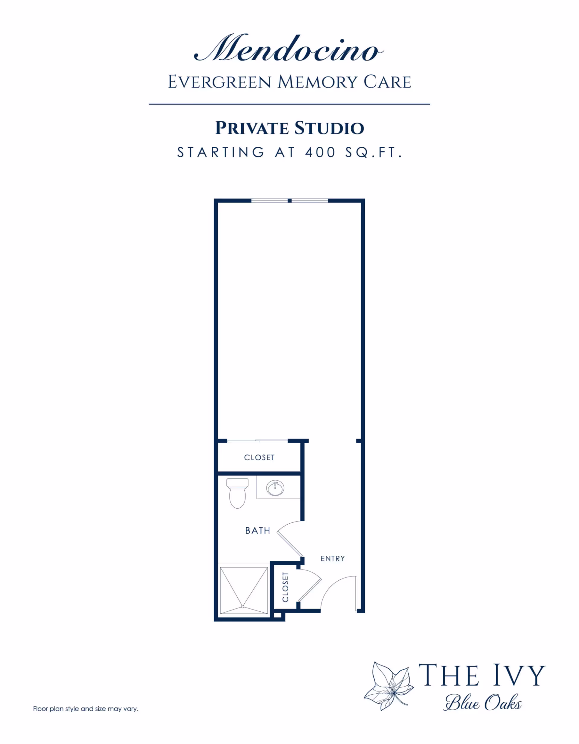 Floor plan of a private studio at Mendocino Evergreen Memory Care, starting at 400 square feet, showing an entry area, a bathroom with a toilet and sink, two closets, and a main living space.