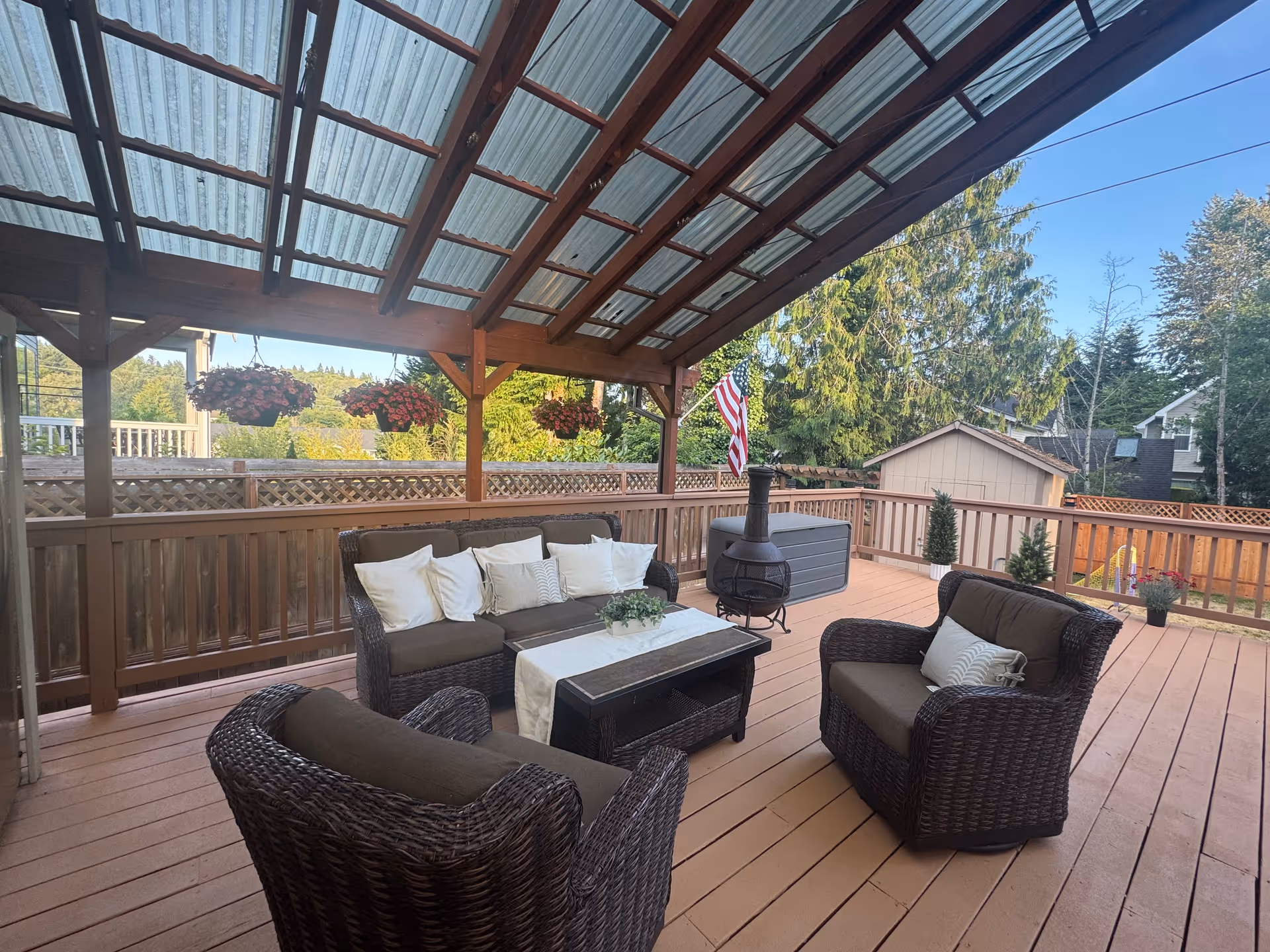 Covered outdoor patio with wicker furniture including a sofa and two armchairs with cushions, a coffee table with a table runner and a small plant, hanging flower baskets, an American flag, and a chiminea. The patio overlooks a fenced yard with trees and neighboring houses.