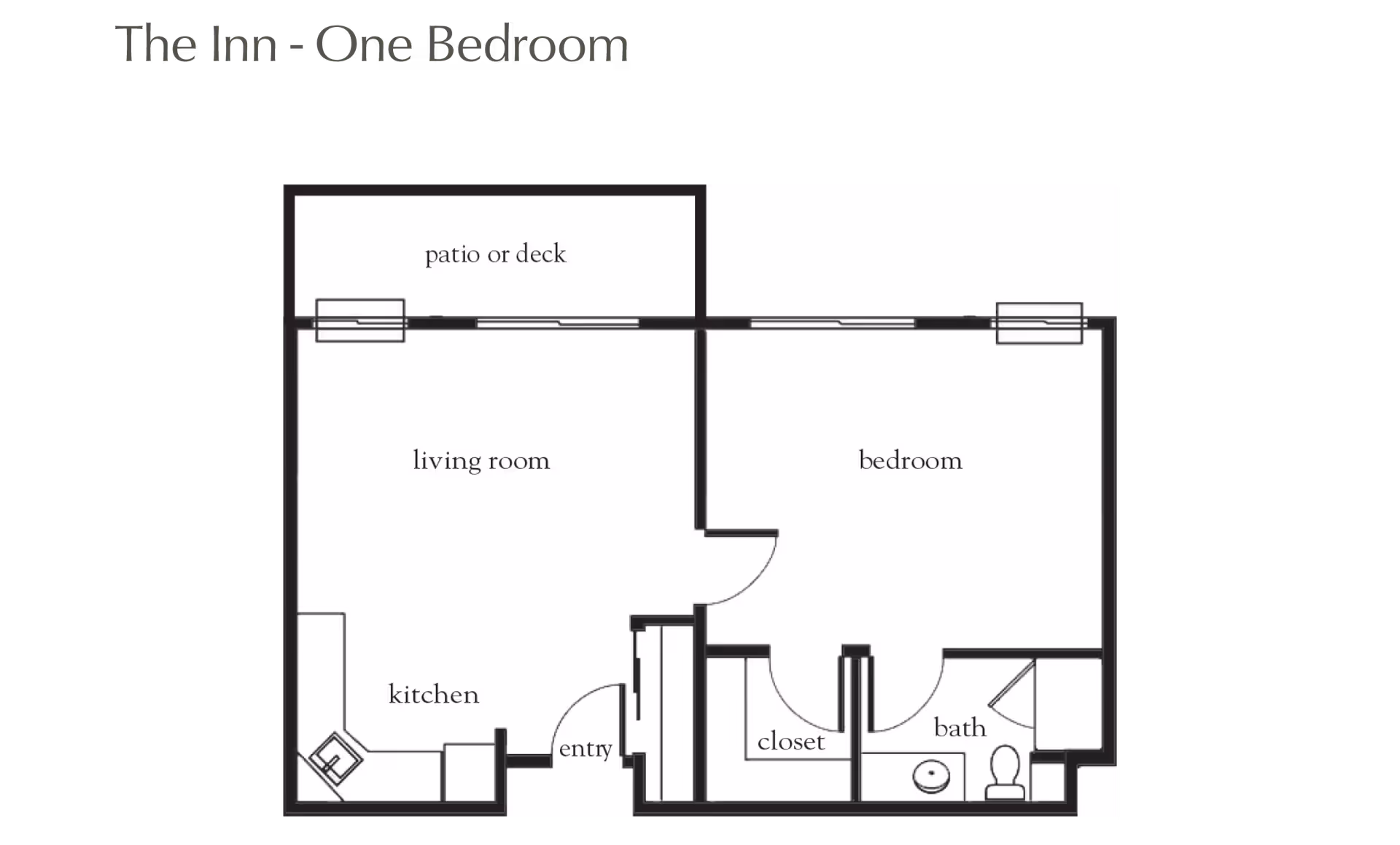 Floor plan titled 'The Inn - One Bedroom' showing a layout with a patio or deck, living room, kitchen, entry, bedroom, closet, and bath.