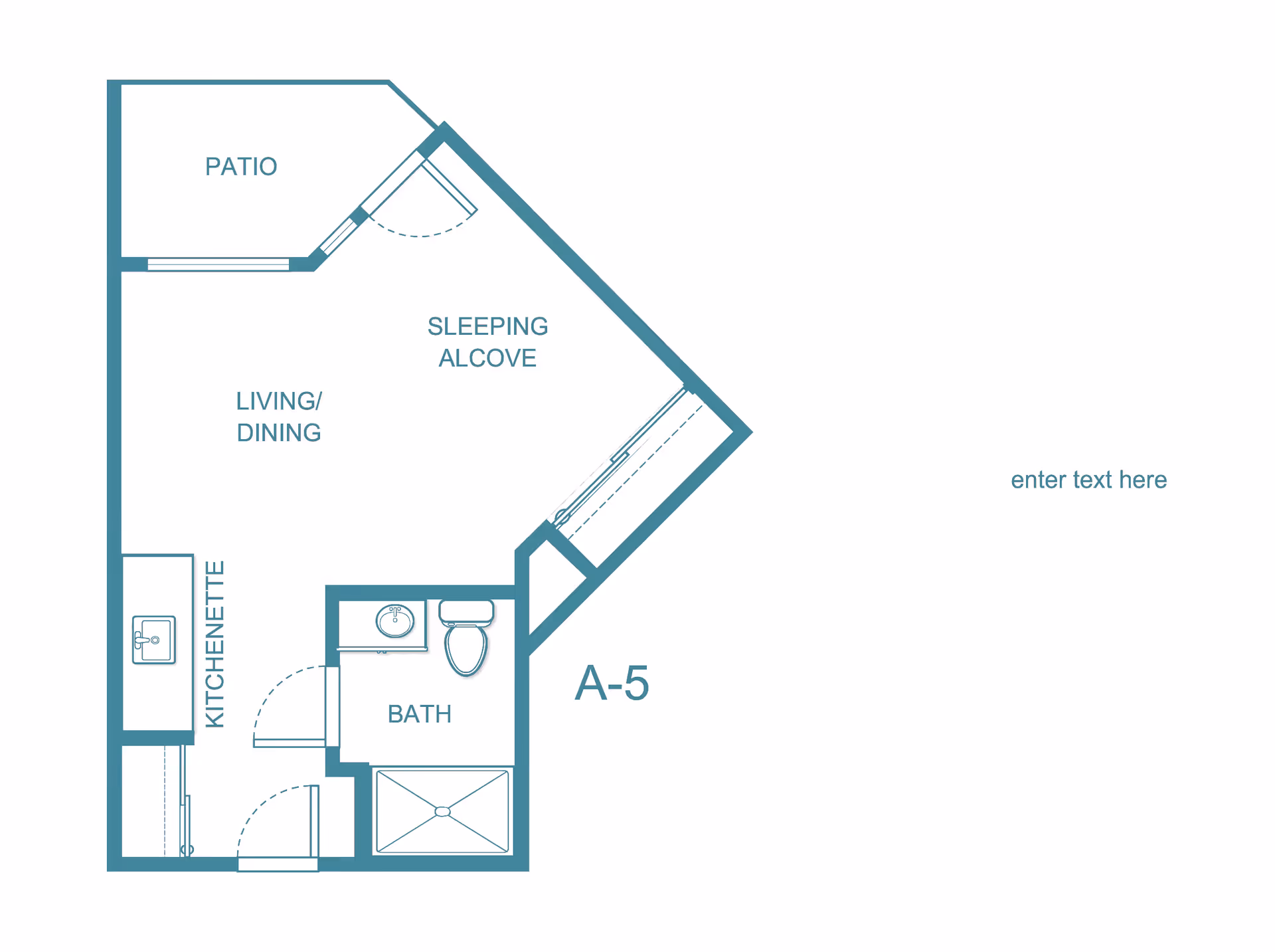 Floor plan of a senior living unit labeled A-5 at Solista Durham by Cogir, showing a patio, sleeping alcove, living/dining area, kitchenette, and a bathroom with a shower, sink, and toilet.