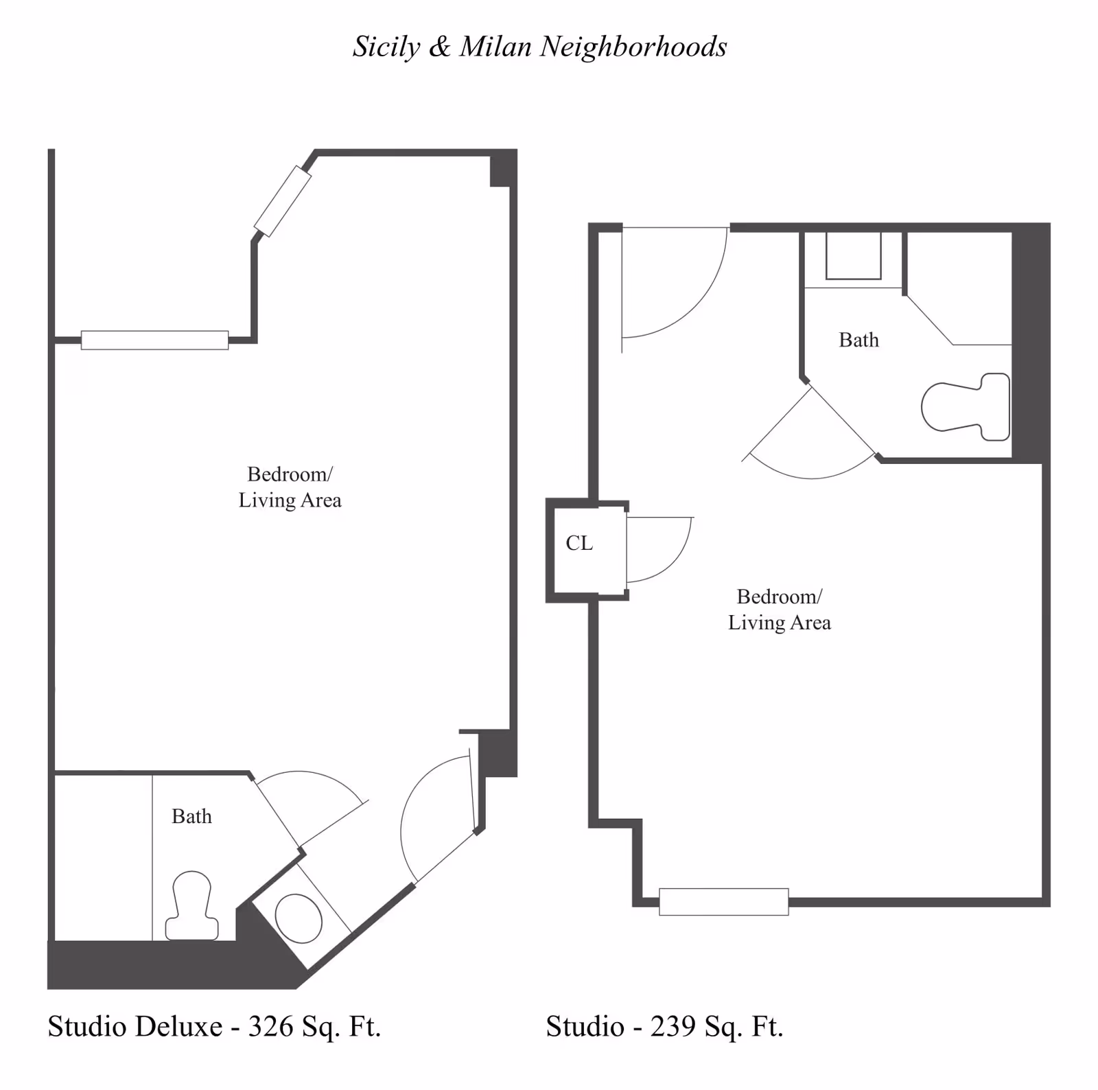 Floor plans for two studio apartments named Sicily & Milan Neighborhoods at The Palazzo. The left plan is Studio Deluxe with 326 sq. ft., featuring a combined bedroom/living area and a bathroom. The right plan is Studio with 239 sq. ft., also with a combined bedroom/living area, a closet labeled CL, and a bathroom.
