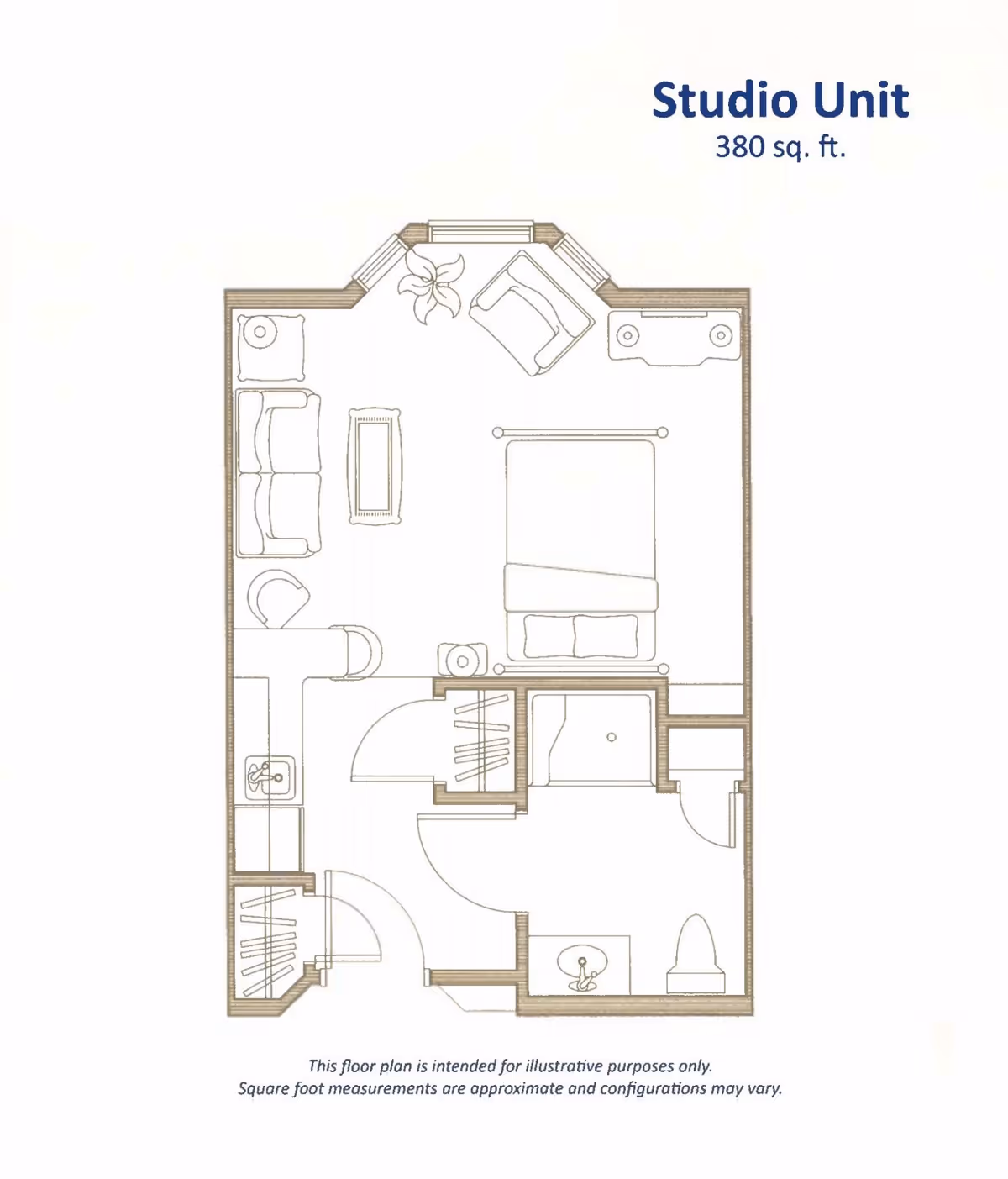 Floor plan of a studio unit measuring 380 square feet, showing a combined living and sleeping area with a bed, sofa, armchair, coffee table, and dresser. The unit includes a small kitchen area with a sink, a bathroom with a toilet and sink, and a separate shower area. There are closets near the entrance and bathroom.