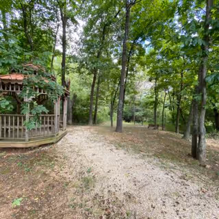A wooded outdoor area with tall trees and a gravel path leading to a wooden gazebo on the left side. There is a bench visible further along the path surrounded by greenery.