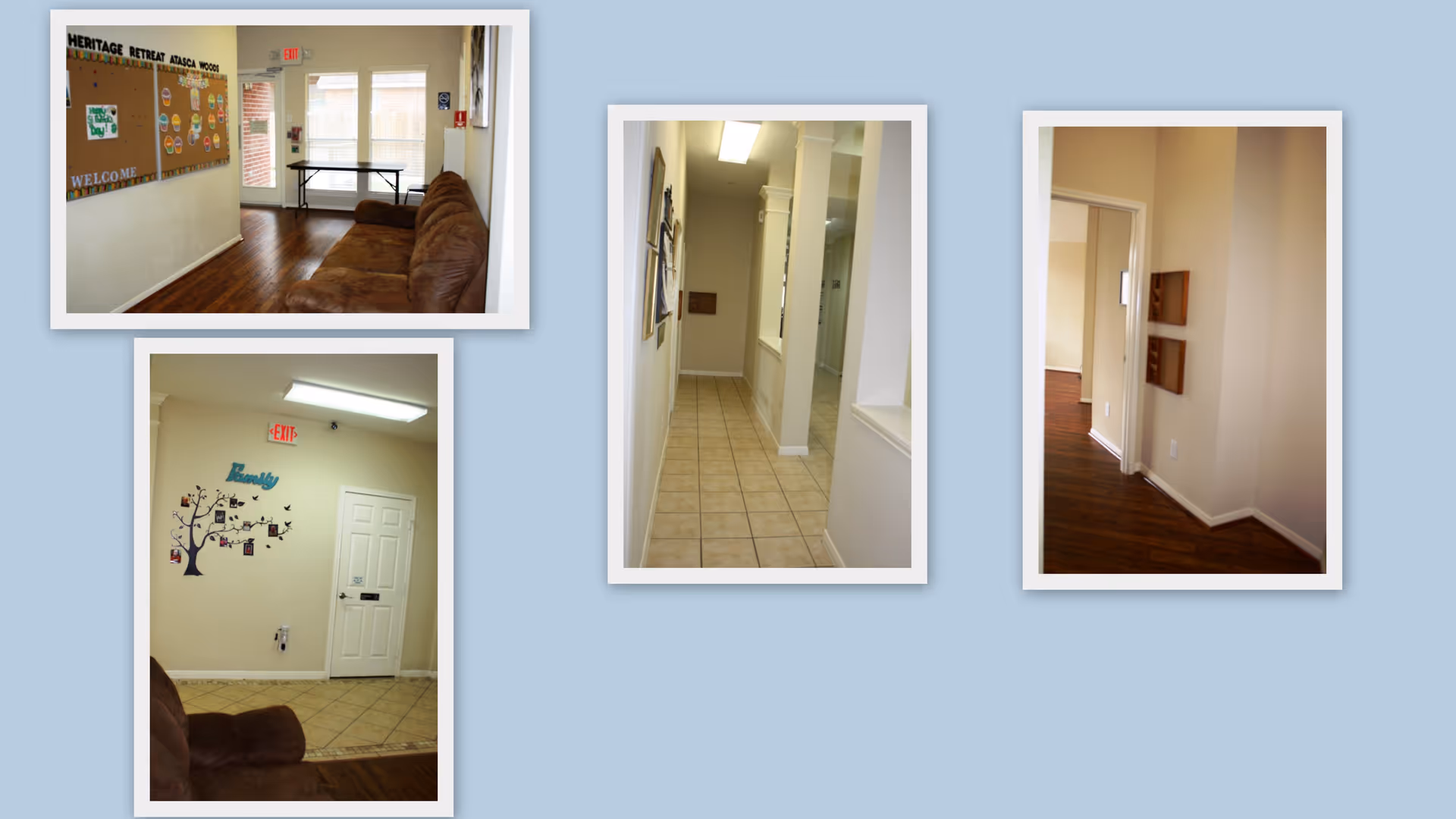 Collage of three interior photos from a senior living facility. The first photo shows a hallway with a brown couch along one wall, a bulletin board with colorful decorations, and a door with windows letting in natural light. The second photo depicts a narrow hallway with tiled flooring, white walls, and framed pictures on the wall. The third photo shows a corner of a room with wooden flooring, beige walls, and an open doorway leading to another room.