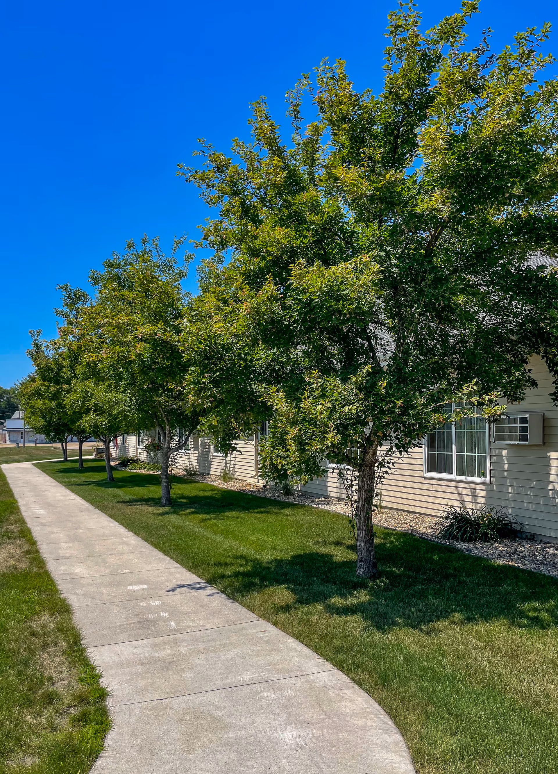 Sidewalk beside a beige single-story assisted living building lined with trees under a clear blue sky.