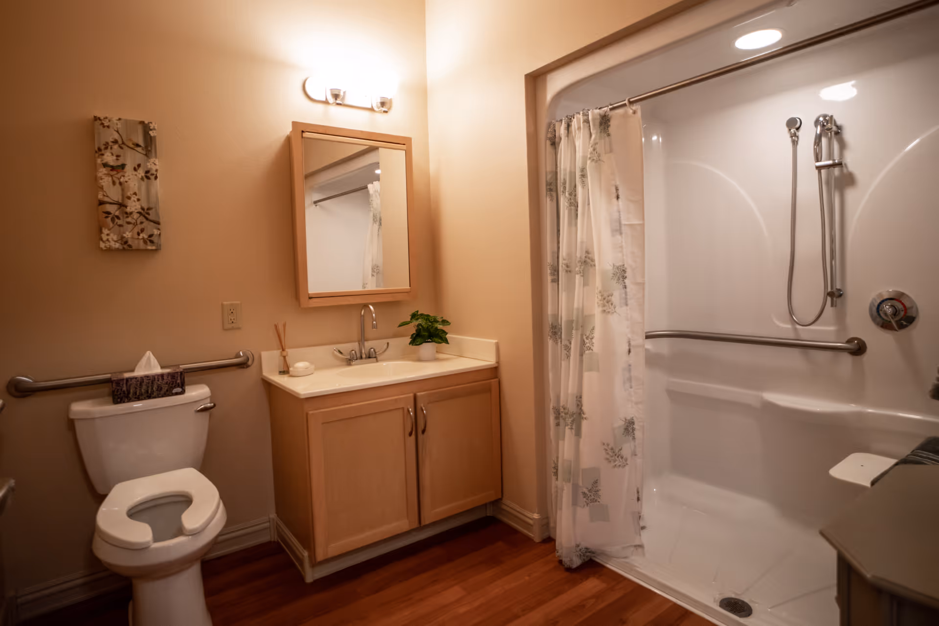 A bathroom with a toilet, a wooden vanity with a sink and mirror above it, a shower with a curtain, and grab bars installed near the toilet and inside the shower. The floor is wooden, and there is a small plant on the vanity.