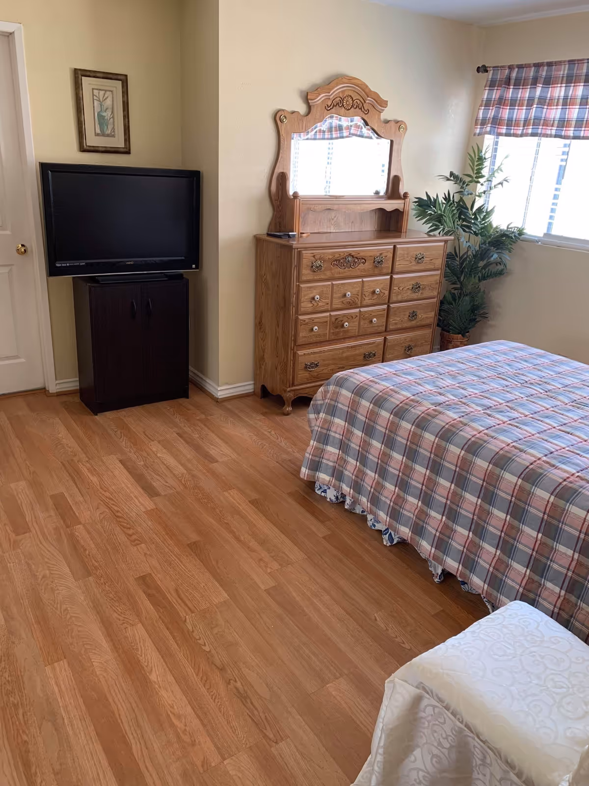 Bedroom with a plaid-covered bed, wooden dresser with mirror, television on a stand, and a window with a plant nearby.