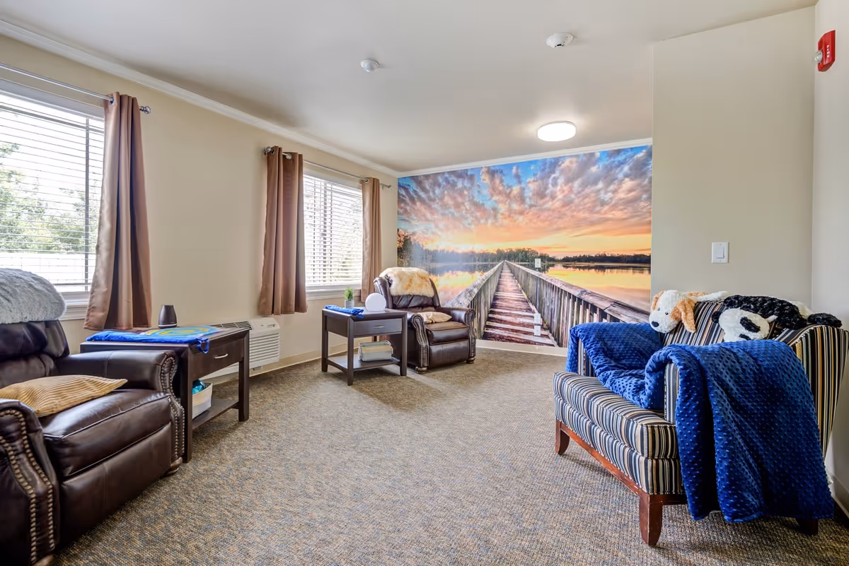 A cozy living room with two leather recliners and a striped armchair draped with a blue blanket and stuffed animal pillows. The room has beige walls, carpeted floor, two windows with brown curtains, and a large mural of a wooden pier extending into a lake at sunset on one wall.