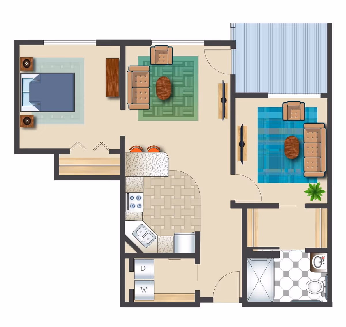 Floor plan of a senior living apartment at Park Vista by Bonaventure showing a bedroom with a bed and nightstands, a living room with sofa and chairs, a kitchen with appliances and a breakfast bar, a dining area, a bathroom with shower, toilet and sink, a laundry area with washer and dryer, and a balcony.