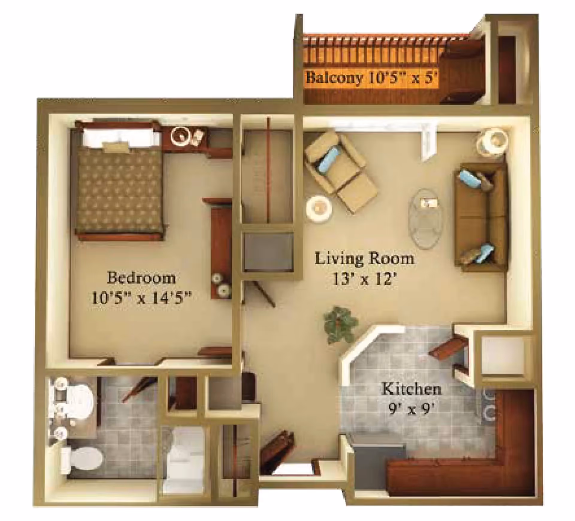 Floor plan of a one-bedroom apartment showing a bedroom, living room, kitchen, bathroom and balcony with labeled dimensions.