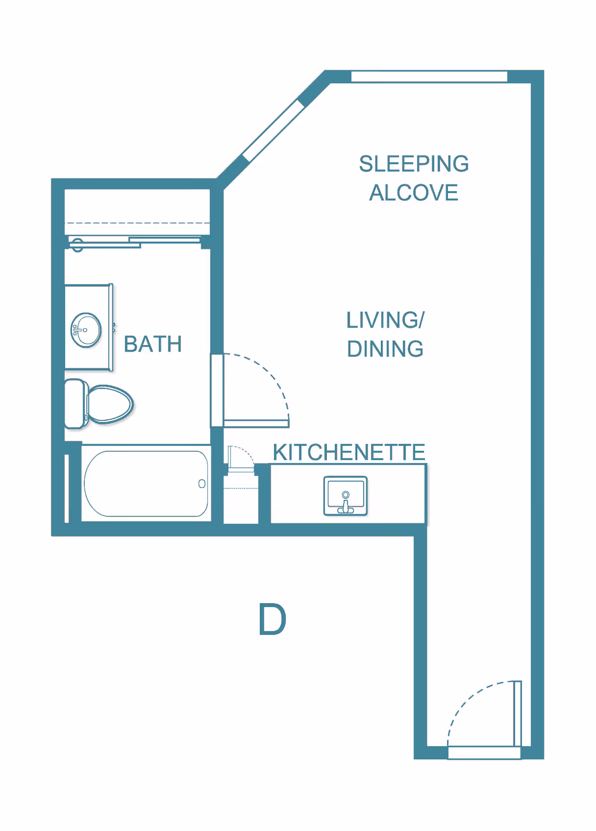 Floor plan of a studio apartment at Solista Roseburg showing a sleeping alcove, living/dining area, kitchenette, and a bathroom with a sink, toilet, and bathtub.