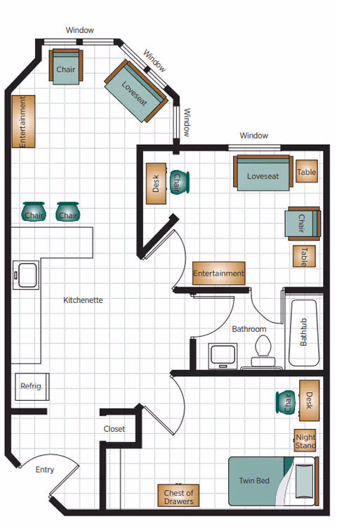 Floor plan of a senior living apartment at Belmont Village Senior Living Buckhead showing an entry, kitchenette with refrigerator, living area with chairs and loveseat, a bathroom with bathtub, a bedroom with twin bed, nightstand, chest of drawers, and desks with chairs in multiple rooms.