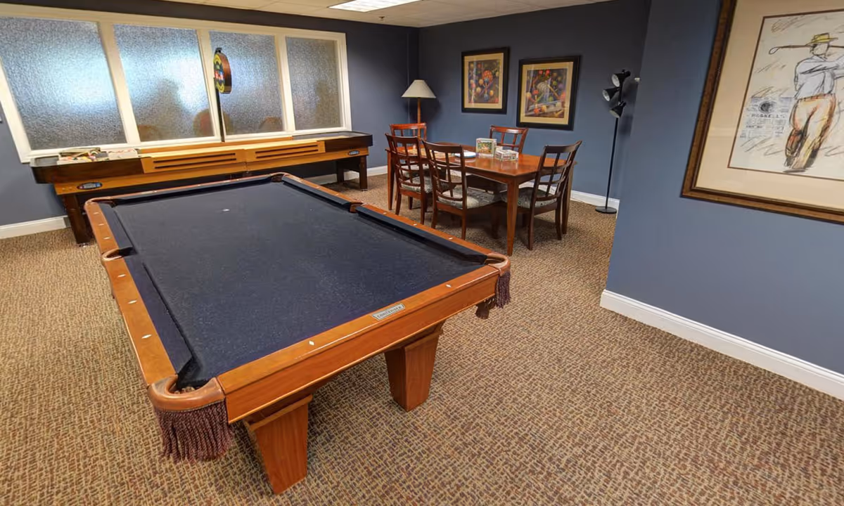 A game room with a pool table in the foreground and a shuffleboard table against the wall. In the background, there is a wooden table with six chairs, two framed paintings on the wall, a floor lamp, and a framed artwork on the right wall. The room has blue walls and patterned carpet flooring.