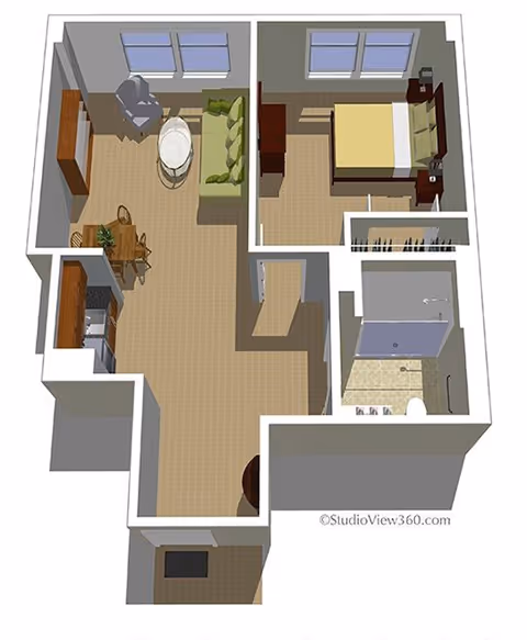 3D floor plan of a one-bedroom apartment with a living room featuring a green sofa and armchair, a dining area with a table and chairs, a kitchen with appliances, a bedroom with a bed and nightstands, and a bathroom with a shower and sink.
