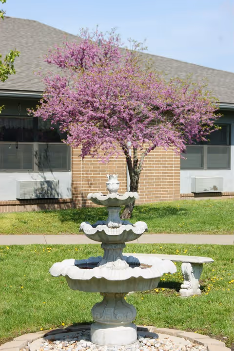 A white tiered stone fountain in a grassy area with a stone bench nearby. Behind the fountain is a blooming tree with pink flowers and a brick building with windows and air conditioning units.