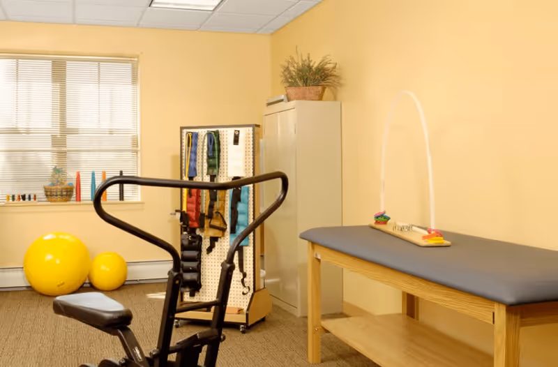 A therapy or exercise room with a stationary exercise bike in the foreground, two yellow exercise balls near a window with blinds, a pegboard with various colored straps hanging, a beige cabinet with a potted plant on top, and a padded therapy table with a wooden toy on it against a yellow wall.