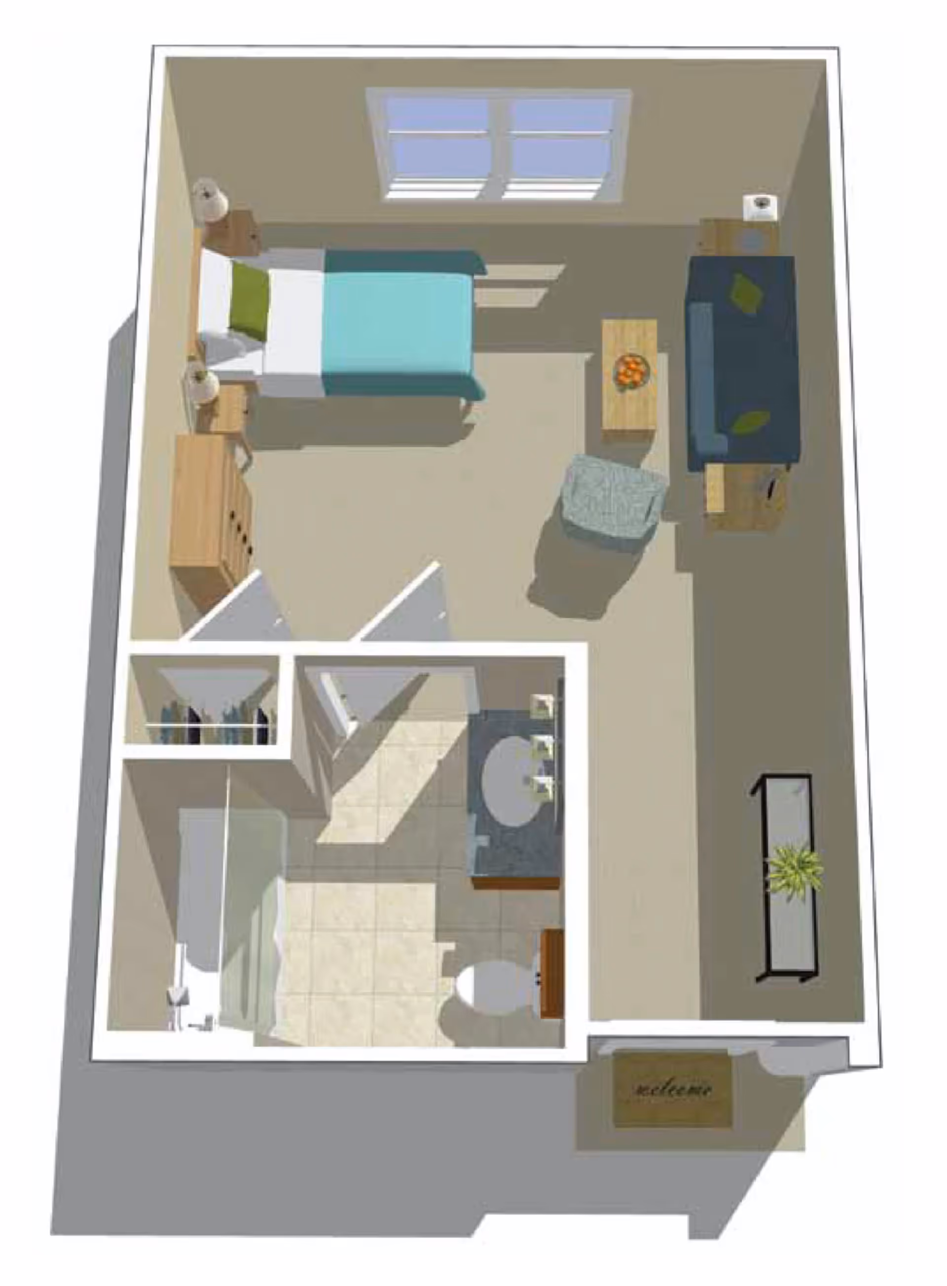 3D floor plan of a small assisted living apartment featuring a bedroom area with a bed, nightstands, and dresser, a living area with a couch, coffee table, and chair, and a bathroom with a bathtub, toilet, and sink. There is a small closet near the bathroom and an entryway with a welcome mat.