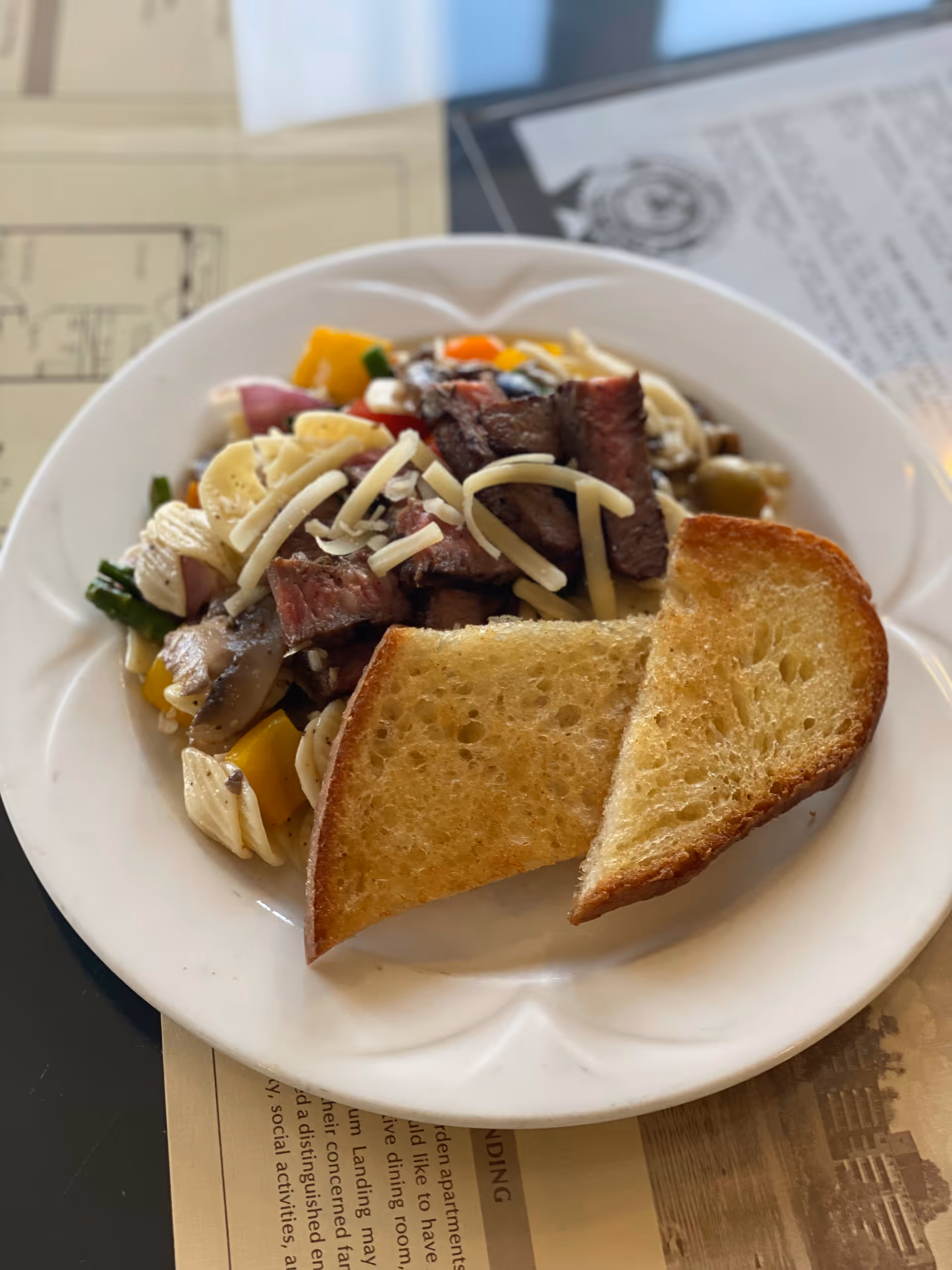 A white plate with a serving of pasta salad containing vegetables, shredded cheese, and pieces of grilled meat, accompanied by two slices of toasted bread. The plate is placed on top of some printed papers.