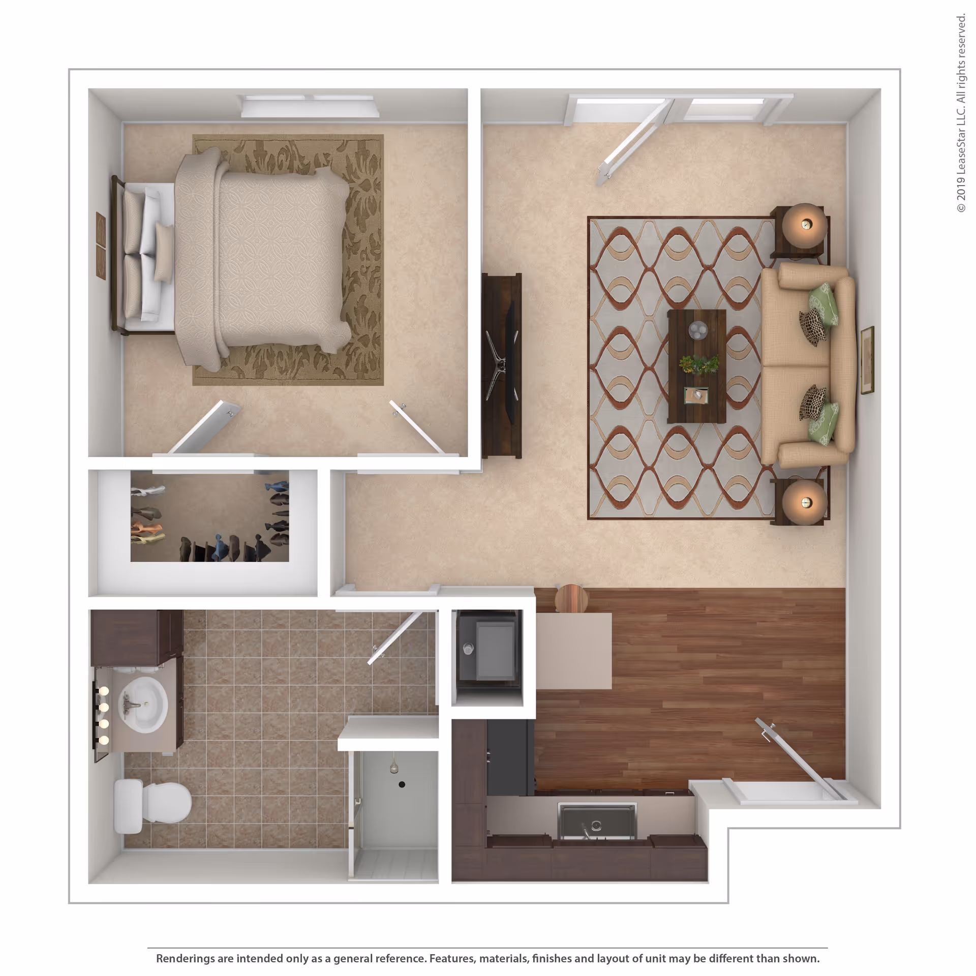 Top-down 3D floor plan rendering of a one-bedroom apartment showing a bedroom, living room, kitchen, bathroom and closet.