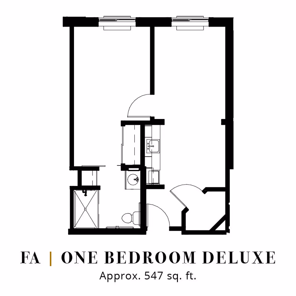 Floor plan layout of a one bedroom deluxe apartment with an approximate area of 547 square feet, showing a bedroom, bathroom, kitchen area, and living space.