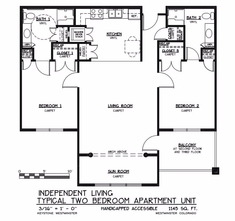 Architectural floor plan of an independent living typical two-bedroom apartment unit showing layout of rooms including two bedrooms, two bathrooms, kitchen, living room, sun room, closets, pantry, washer/dryer stack, and balcony. The unit is handicapped accessible and covers 1145 square feet.