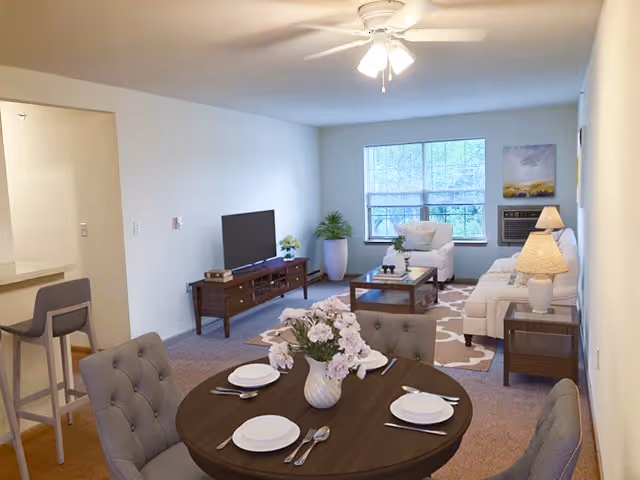 A bright living and dining area in a senior apartment. The foreground features a round dining table set with four place settings and a vase of flowers. Behind the dining area is a living room with a white sofa, armchair, coffee table, TV on a wooden stand, and a window with an air conditioning unit. The walls are light-colored, and the room is carpeted with a ceiling fan overhead.