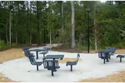Outdoor seating area with several black metal benches and tables arranged on a concrete surface surrounded by trees and greenery in a wooded setting.