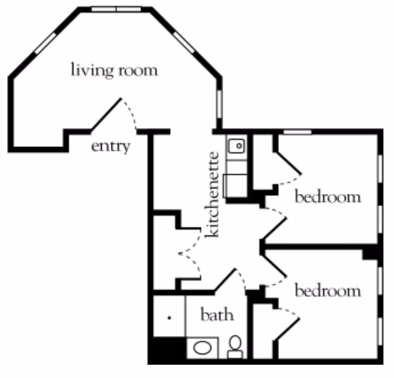 Floor plan of a living space at Atria Merrimack Place showing a living room, entry, kitchenette, two bedrooms, and a bathroom.
