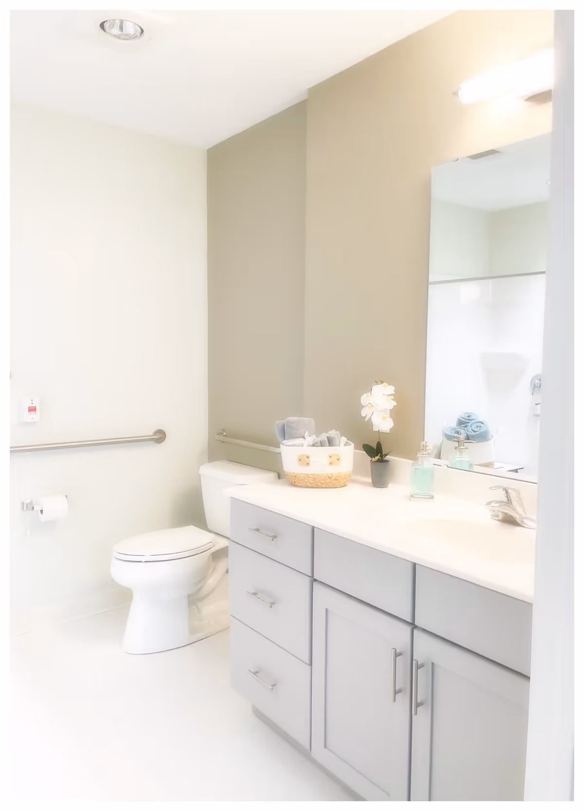Bright accessible bathroom with a toilet, gray vanity and sink, mirror, and grab bars.