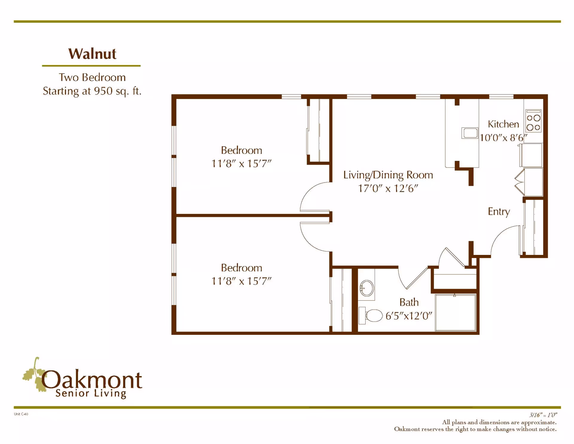 Floor plan of Walnut two-bedroom apartment at Oakmont Senior Living, showing two bedrooms each measuring 11'8" x 15'7", a living/dining room measuring 17'0" x 12'6", a kitchen measuring 10'0" x 8'6", an entry area, and a bathroom measuring 6'5" x 12'0".