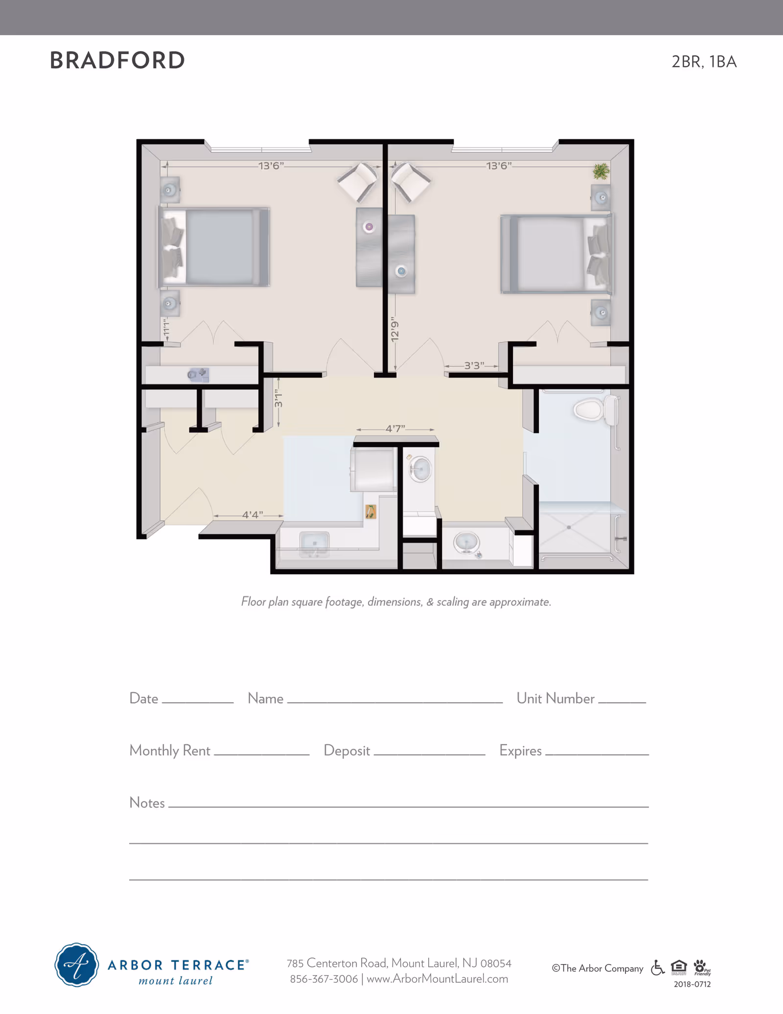 Floor plan labeled BRADFORD showing a 2-bedroom, 1-bathroom apartment layout with dimensions. The plan includes two bedrooms, a bathroom with a shower and toilet, a kitchen area, and a living space. There are also spaces for closets and a laundry area. Below the floor plan are blank lines for Date, Name, Unit Number, Monthly Rent, Deposit, Expires, and Notes. The bottom of the page has the Arbor Terrace Mount Laurel logo and contact information.