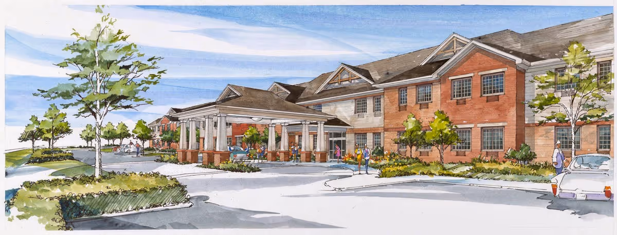 Watercolor rendering of a two-story senior living building with a covered porte-cochere entrance, landscaped grounds, and a few people and cars.