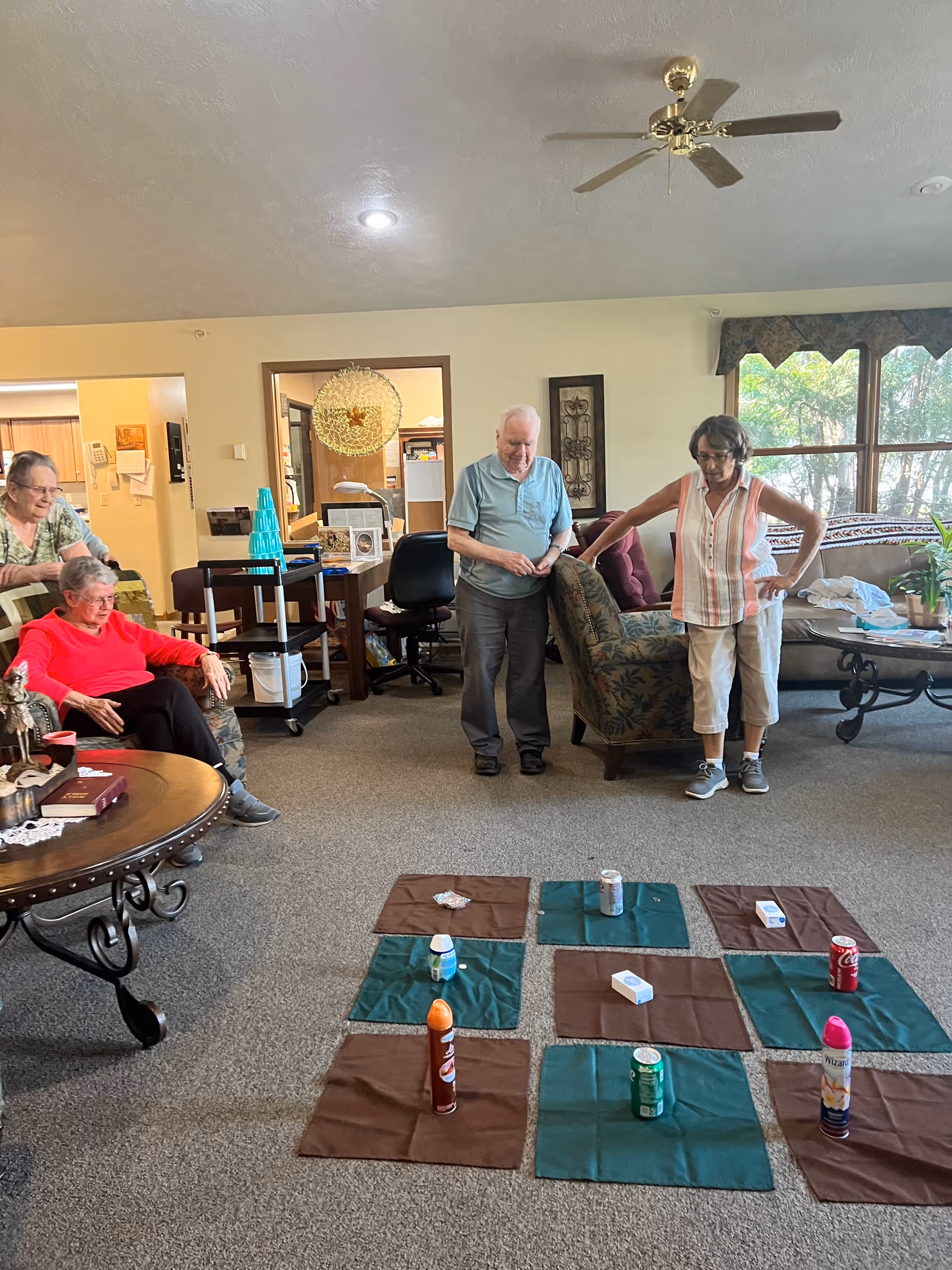 A group of elderly people in a living room setting, engaging in an activity involving colored mats and various cans and boxes placed on the floor. The room has comfortable seating, a coffee table, large windows with a view of greenery outside, and a ceiling fan.