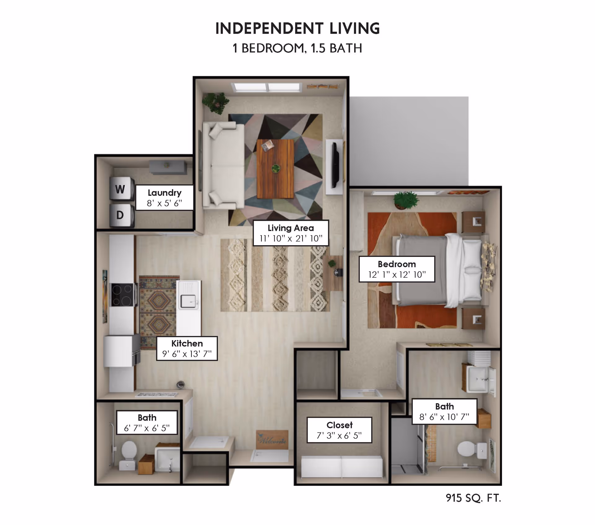 Top-down rendered floor plan of a 1-bedroom, 1.5-bath independent living apartment with labeled rooms and dimensions.