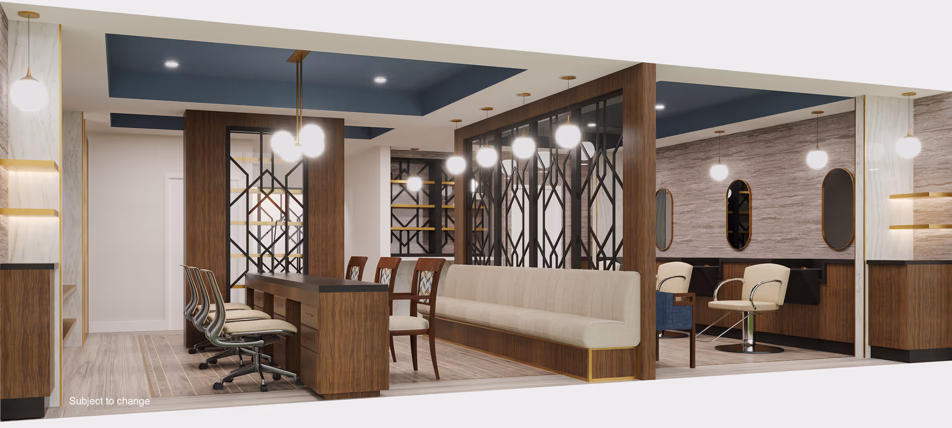 Modern interior space with a long wooden table surrounded by chairs on one side and a beige cushioned bench on the other. The area is divided by wooden partitions with decorative black metal designs. Pendant lights hang from the ceiling, and there are mirrors and salon-style chairs on the right side, suggesting a salon or grooming area.