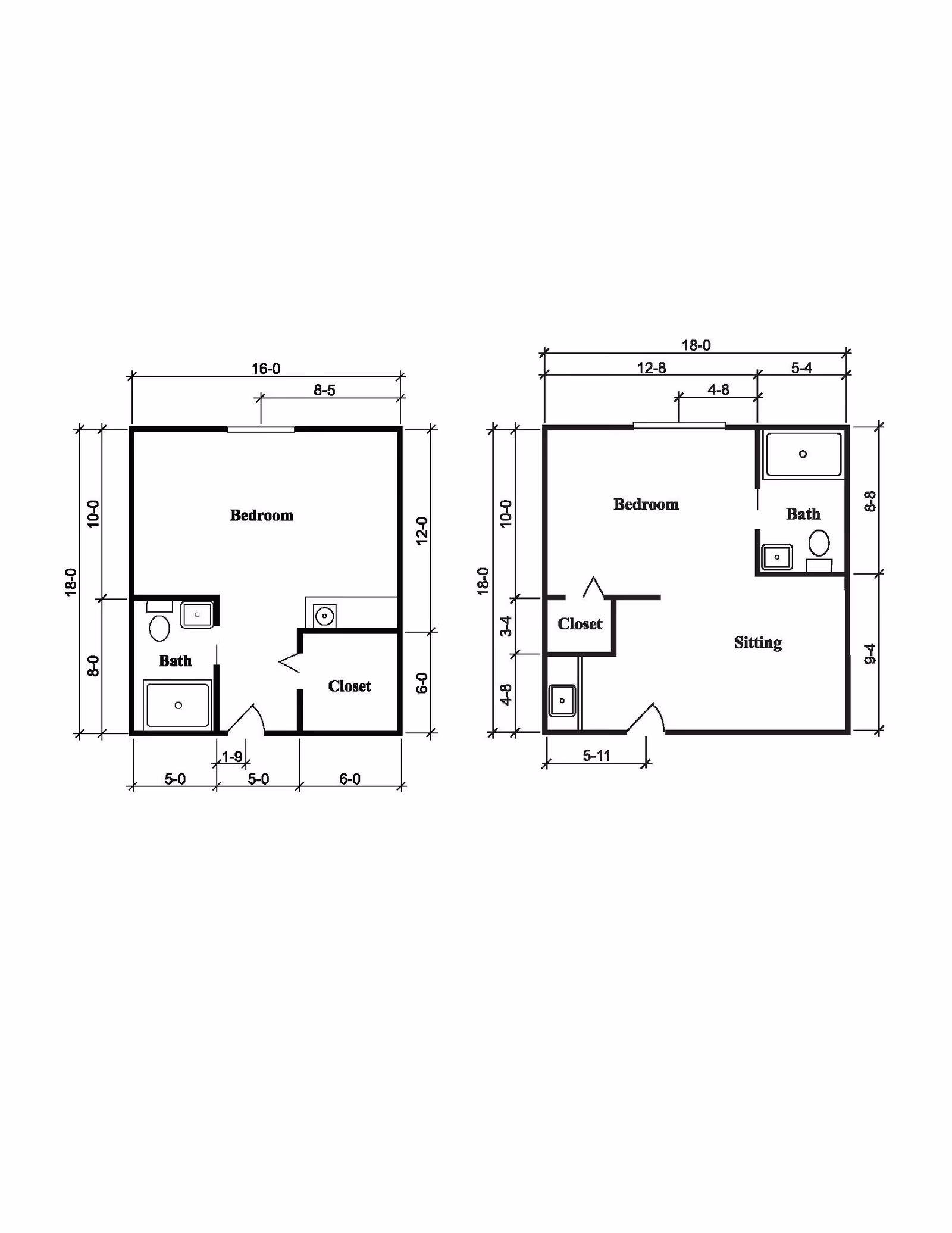 Architectural floor plan showing two different apartment layouts, each with a bedroom, bathroom, and closet. The left layout includes a bedroom, bath, and closet with dimensions marked. The right layout includes a bedroom, bath, closet, and a sitting area with dimensions marked.