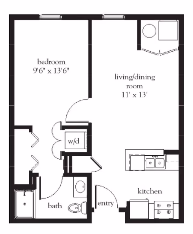 Floor plan of a one-bedroom apartment at Atria North Point showing a bedroom measuring 9 feet 6 inches by 13 feet 6 inches, a living/dining room measuring 11 feet by 13 feet, a kitchen, a bathroom, an entry area, and a washer/dryer closet.