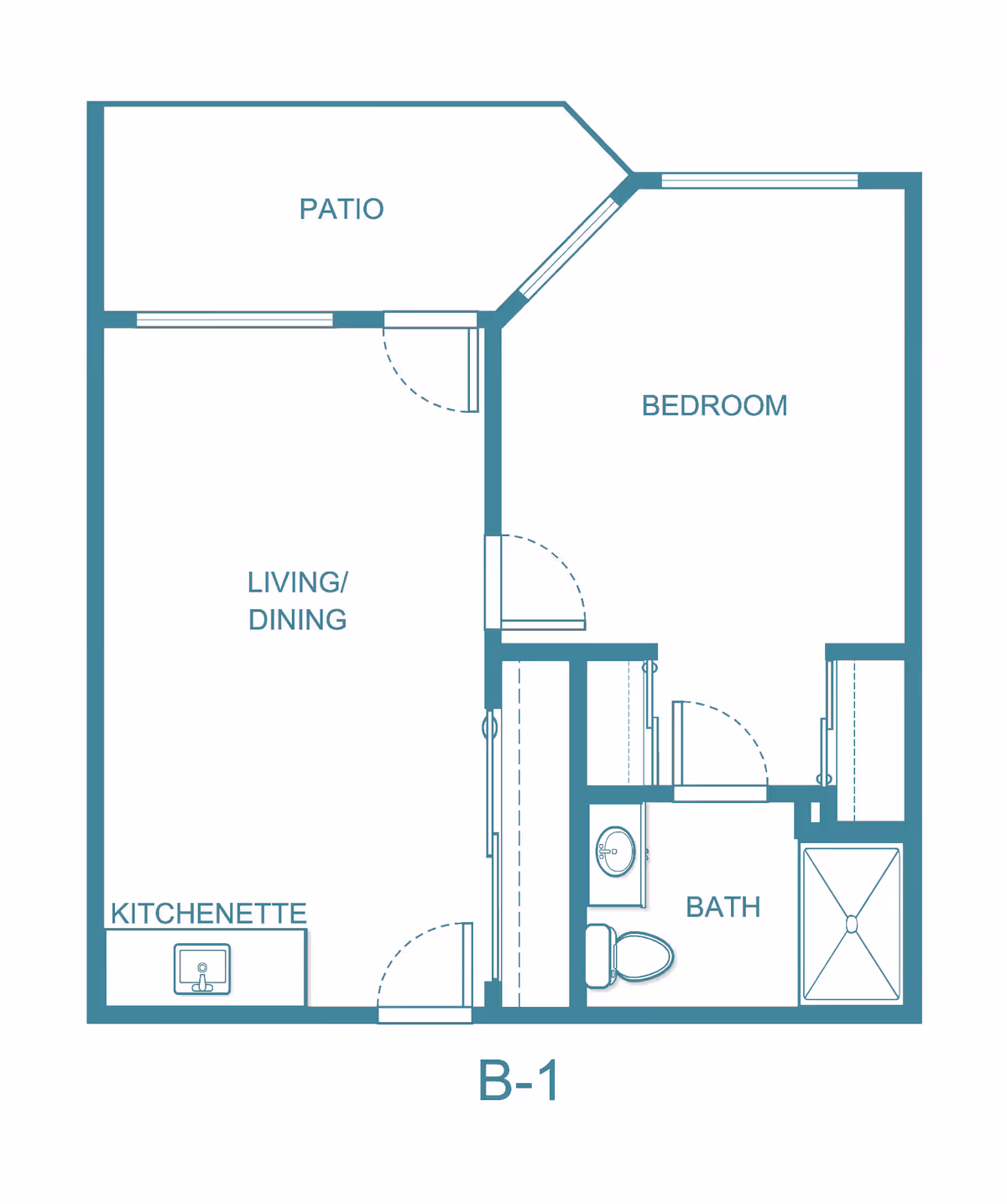 Floor plan layout of a one-bedroom unit labeled B-1 at Holiday Sheldon Oaks, showing a patio, living/dining area, kitchenette, bedroom, and bathroom with fixtures.