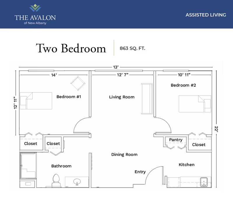 Floor plan of an assisted living unit at The Avalon of New Albany showing two bedrooms, a living room, dining room, kitchen with pantry, bathroom, closets, and an entry area, with dimensions and layout details.