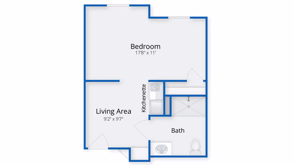 Floor plan of a senior living facility unit at Benchmark at Billerica Crossings showing a bedroom measuring 17 feet 8 inches by 11 feet, a living area measuring 9 feet 2 inches by 9 feet 7 inches, a kitchenette, and a bathroom with a sink, toilet, and shower.