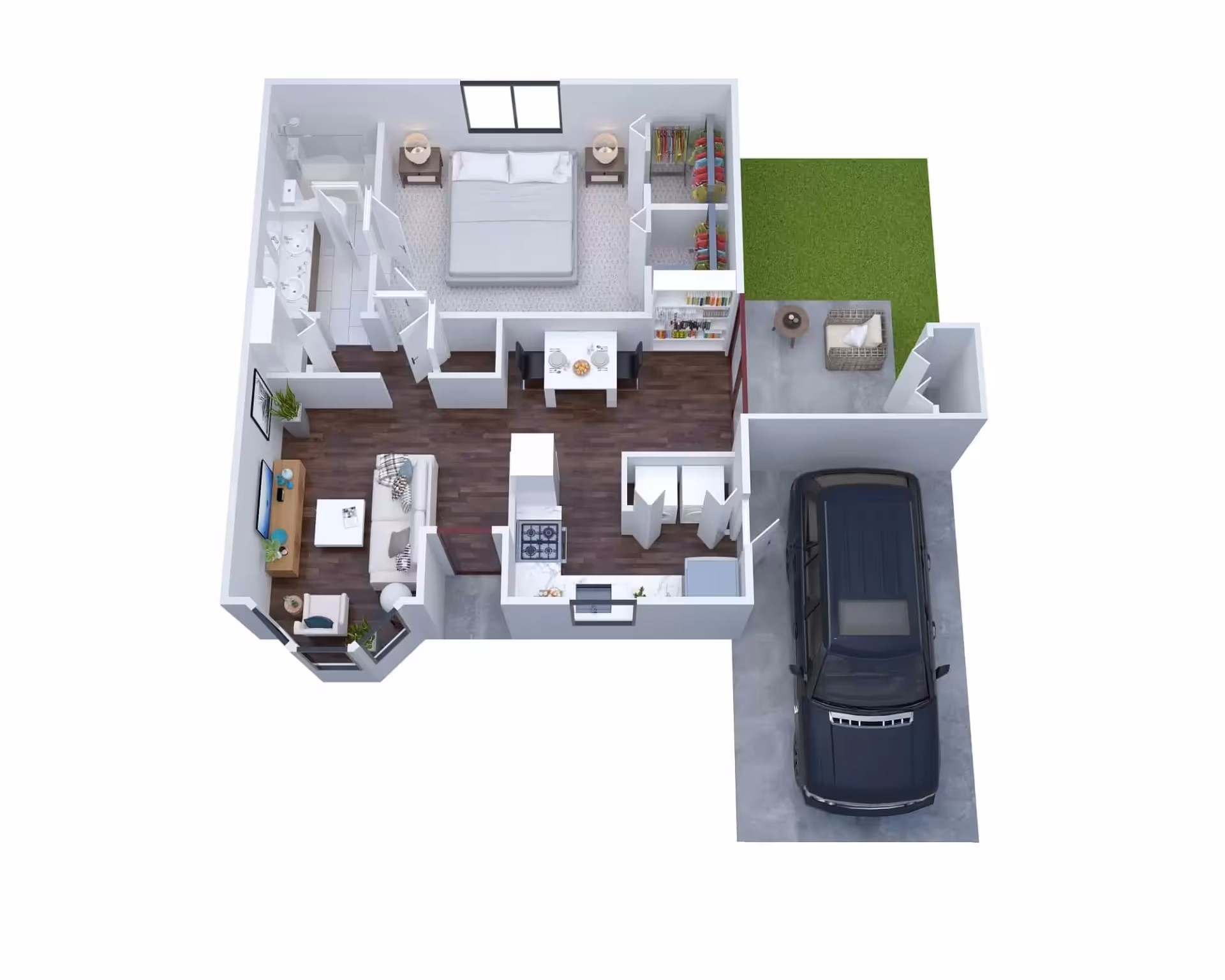 3D floor plan of a one-bedroom apartment featuring a bedroom with a double bed and two nightstands, a bathroom with a double sink, a living room with a sofa and TV, a kitchen with appliances, a dining area with a table and chairs, a small outdoor patio with seating, and a garage with a parked car.