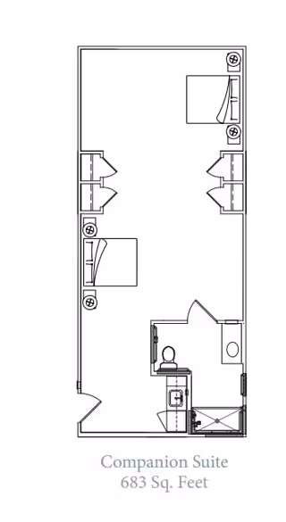 Architectural floor plan of a companion suite measuring 683 square feet, showing two beds, closets, a bathroom with toilet and shower, and a small sink area.