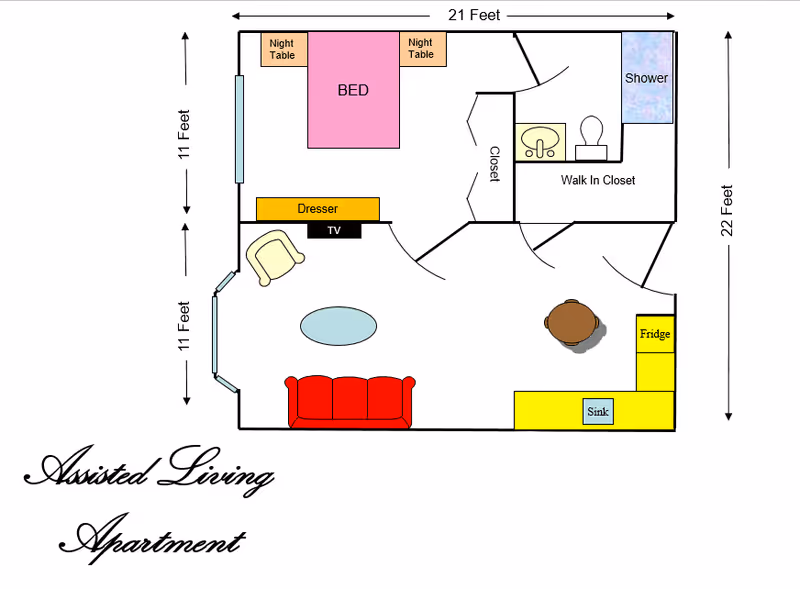 Floor plan of an assisted living apartment showing a bedroom with a bed and night tables, a living area with a red couch, chair, and TV on a dresser, a kitchen area with fridge and sink, a bathroom with shower, toilet, and sink, and a walk-in closet. Dimensions are marked as 21 feet by 22 feet with additional measurements for sections of the apartment.