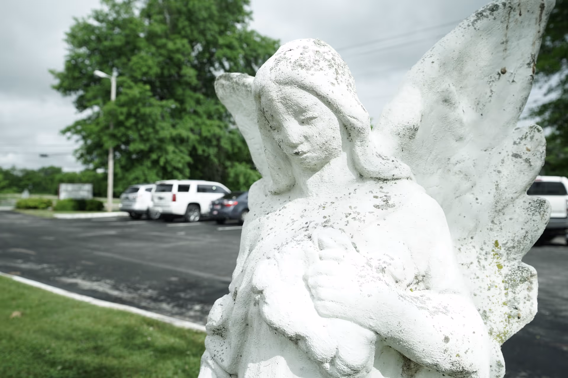A close-up view of a weathered white angel statue with wings, standing outdoors near a parking lot with several parked cars and green trees in the background under a cloudy sky.