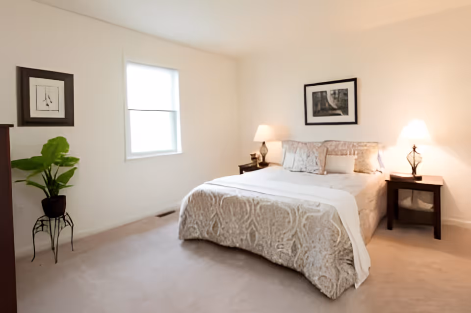 A bright and simple bedroom with a large bed covered in a patterned beige bedspread and multiple pillows. Two bedside tables each hold a lamp with warm light. A framed picture hangs above the bed. There is a window with a white blind on the left wall, a potted plant on a metal stand, and a framed artwork on the wall next to the window. The room has light-colored walls and carpeted floor.