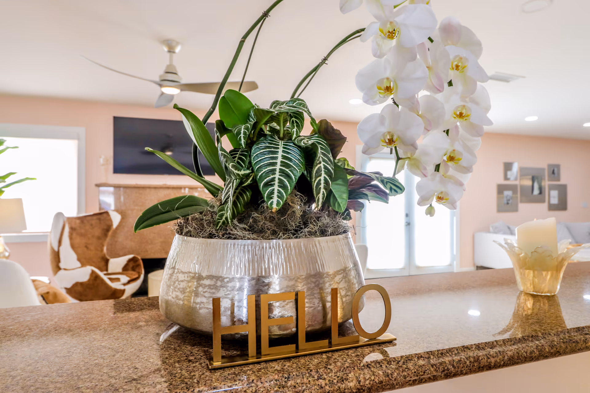 A close-up view of a decorative plant with white orchids in a silver pot on a granite countertop. Behind it, there is a golden decorative sign that says 'HELLO'. In the background, a cozy living room area is visible with a mounted TV, a fireplace, a cowhide-patterned chair, and a white sofa with framed pictures on the wall.