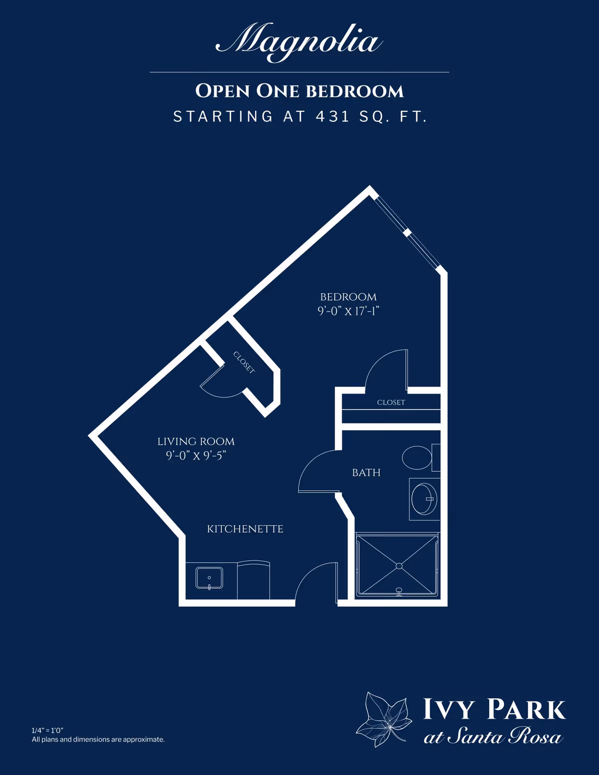 Floor plan of Magnolia open one bedroom apartment at Ivy Park at Santa Rosa, showing a living room, kitchenette, bedroom, bath, and closets with dimensions.
