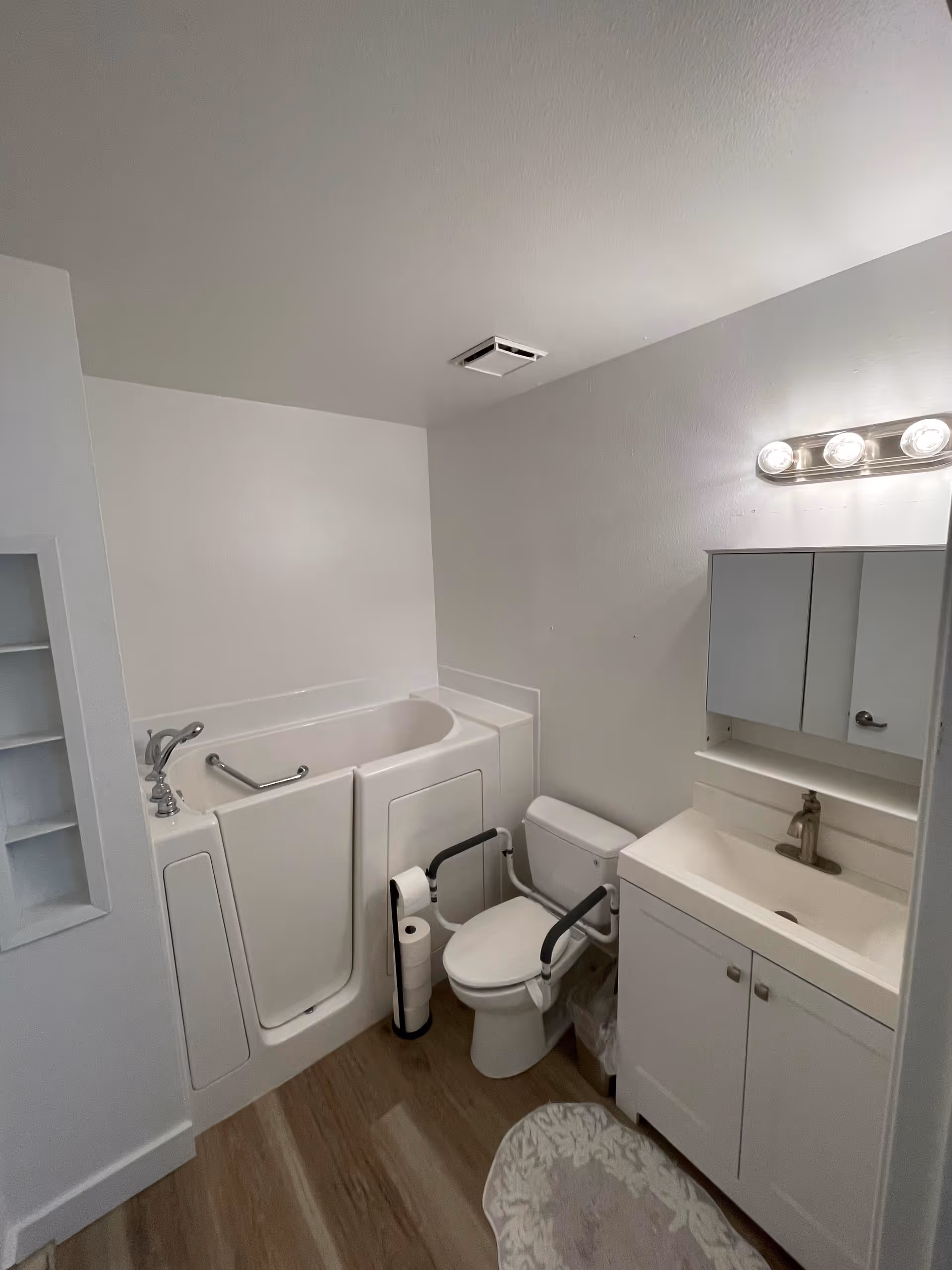 A small bathroom with a walk-in bathtub featuring a door and grab bar, a toilet with armrest supports on both sides, a white vanity with a sink and a mirror cabinet above it, and a light fixture with three bulbs above the mirror. The floor is wood-style, and there is a small rug in front of the vanity.